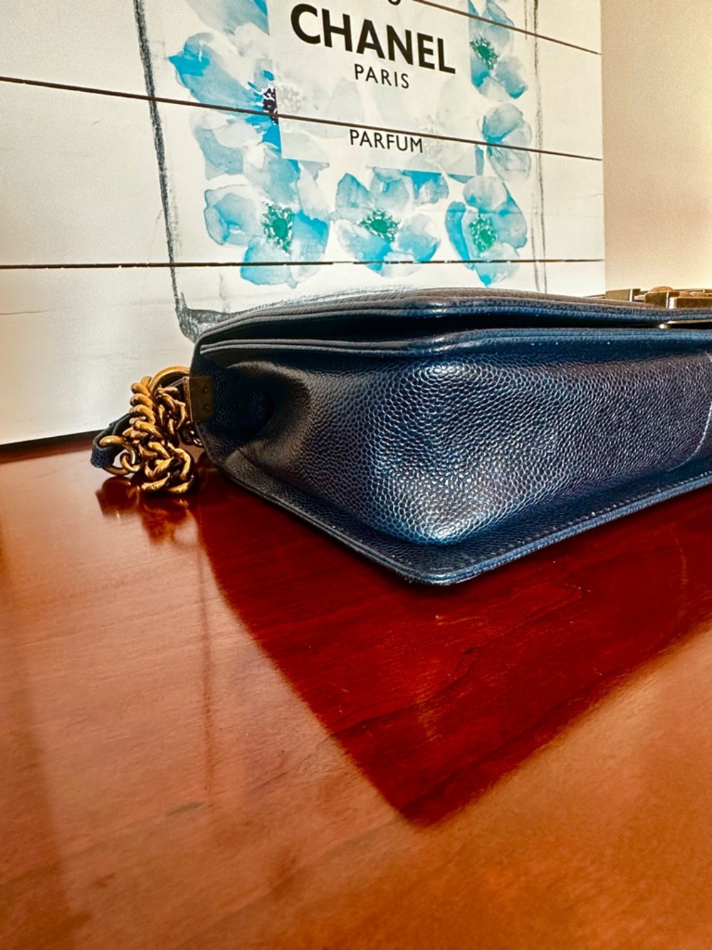 CHANEL Dark Navy Quilted Boy Flap Shoulder Bag with Gold Chain - Picture 5 of 16